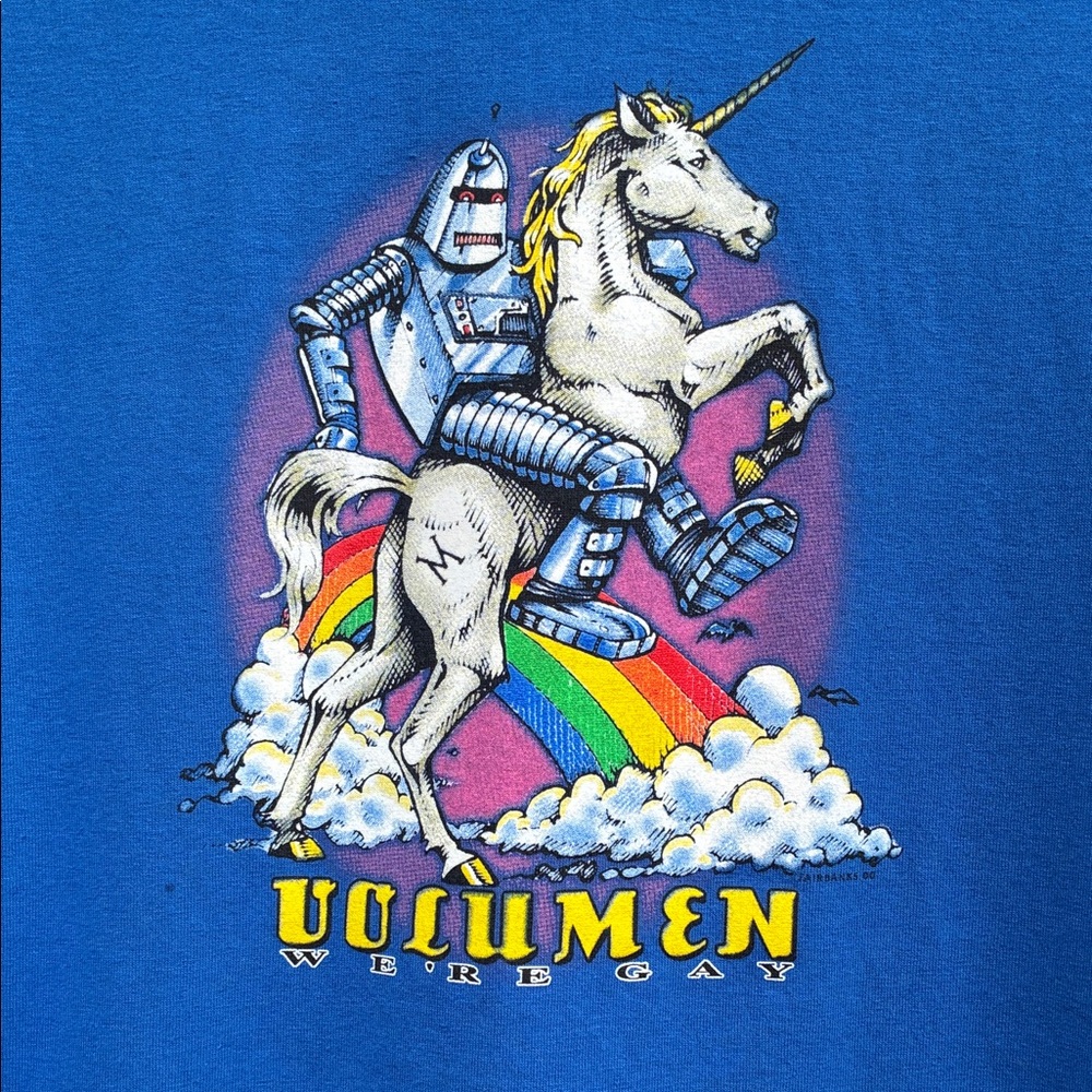 Volumen we’re gay  blue graphic T shirt with unicorn and robot